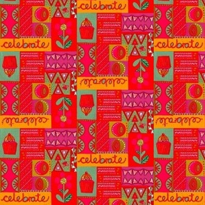Let’s Party half drop block design multicoloured with linen effect, celebrate typography, bunting, cupcake, candles 6” repeat bright red and yellow