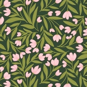 Enchanted Vines: A Tapestry of Tangled Florals on Dark Green Background