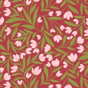 Enchanted Vines: A Tapestry of Tangled Florals on Red Background