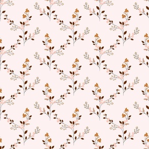 Autumn Flowers and Foliage Floral Pattern in Mustard and Brown against a Soft Peach Background