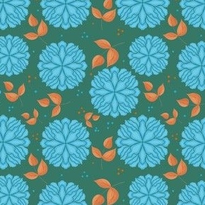 Cute and Simple Blue Flowers with Leaves and Polka Dots on a Mint Green Background // 4x4