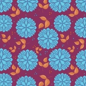 Cute and Simple Blue Flowers with Leaves and Polka Dots on a Claret Background // 4x4