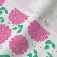 Cute and Simple Pink Flowers with Leaves and Polka Dots on a White Background // 4x4