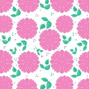 Cute and Simple Pink Flowers with Leaves and Polka Dots on a White Background // 4x4