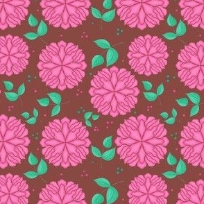 Cute and Simple Pink Flowers with Leaves and Polka Dots on a Brown Background // 4x4