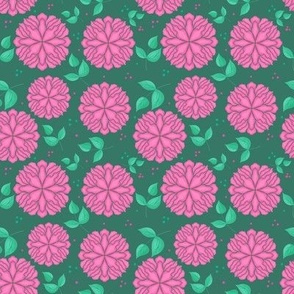 Cute and Simple Pink Flowers // Leaves, Polka Dots on Mint Green // 4x4