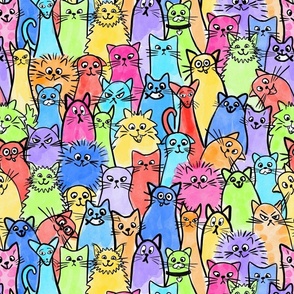 Cat crowd - rainbow colors - multicolored - watercolor