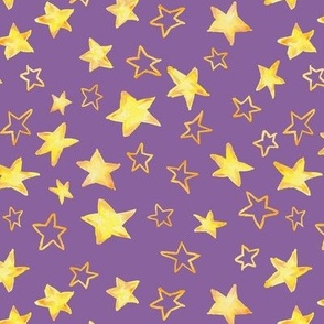 Holiday christmas watercolor yellow stars over purple orchid background