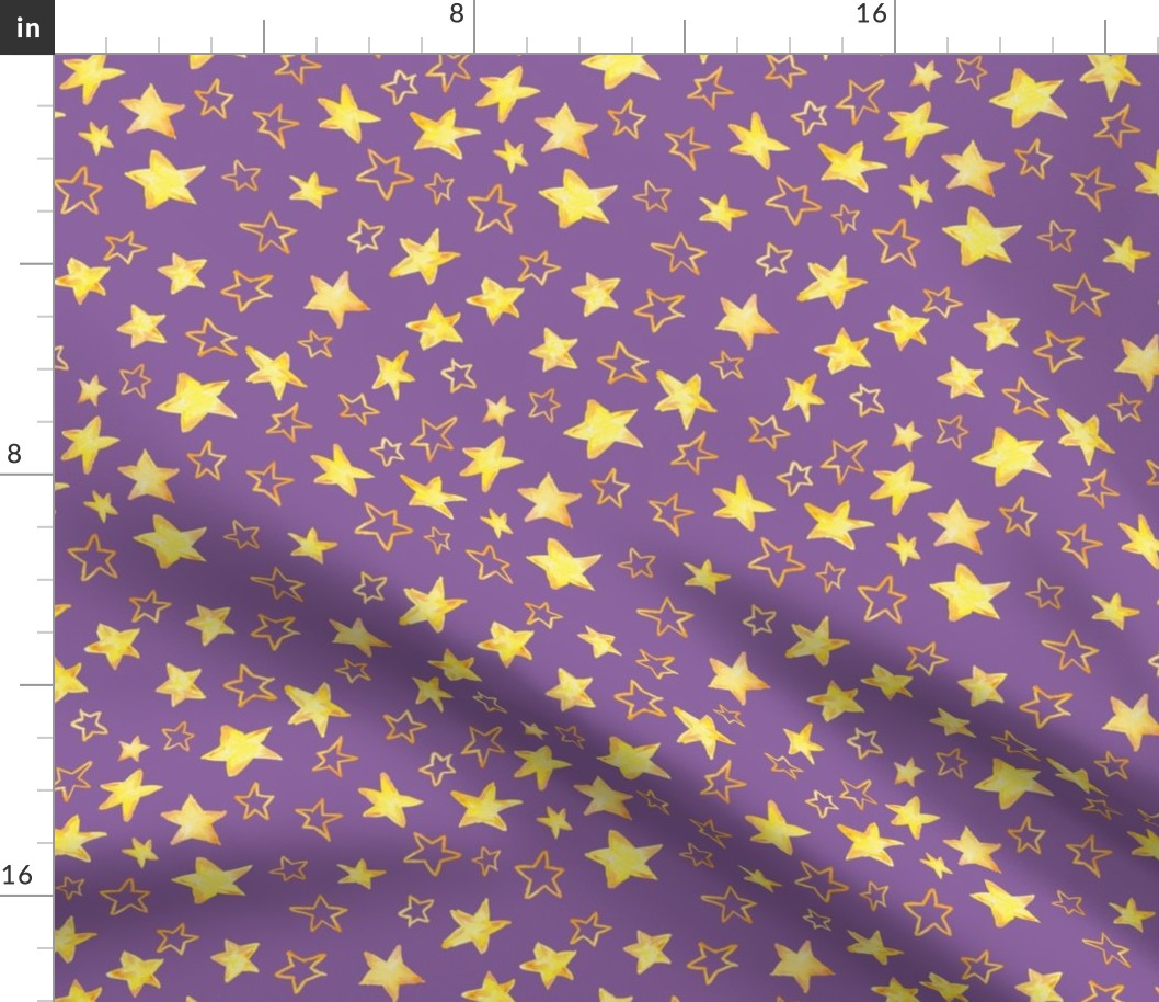 Holiday christmas watercolor yellow stars over purple orchid background