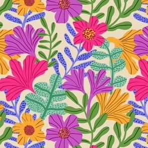 Tropical Multicolored Floral Burst on Beige Background - Small scale