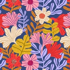 Tropical Multicolored Floral Burst on Blue Background
 - Small scale
