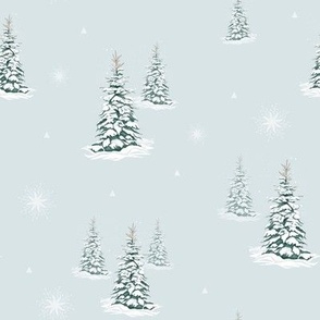 Forest Pine Trees in the Snow on Light Blue Background