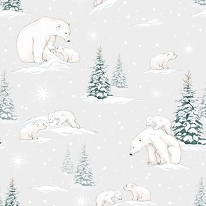 Polar Bears and Cubs in a Wintery Scene on a Grey Background