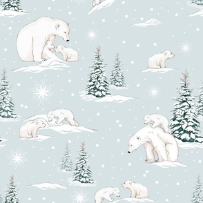 Polar Bears and Cubs in a Wintery Scene on a Light Blue Background