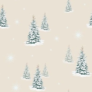 Forest Pine Trees in the Snow on Pale Caramel Background