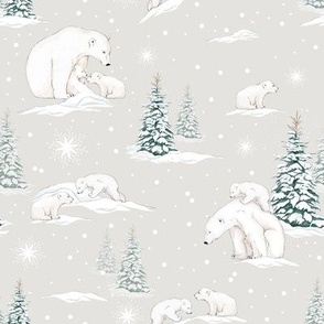Polar Bears and Cubs in a Wintery Scene on a Light Grey Background
