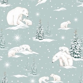 Polar Bears and Cubs in a Wintery Scene on a Steel Blue Background
