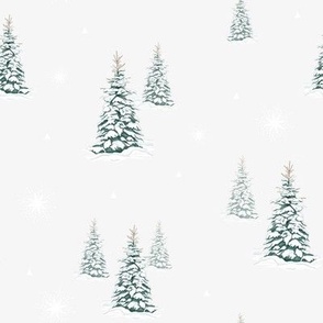 Forest Pine Trees in the Snow on Pale Grey Background