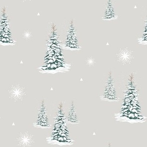 Forest Pine Trees in the Snow on Grey Background