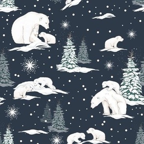 Polar Bears and Cubs in a Wintery Scene on a Nay Blue Background