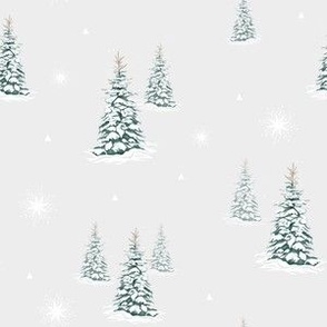 Forest Pine Trees in the Snow on Pale Grey Background