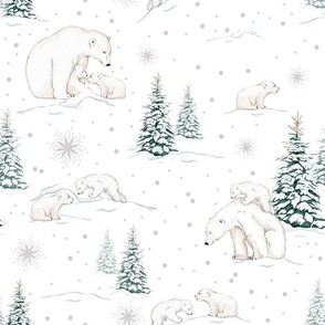 Polar Bears and Cubs in a Wintery Scene on a Pale Grey Background