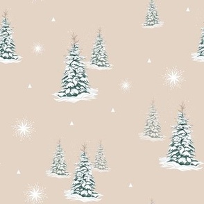 Forest Pine Trees in the Snow on Caramel Background