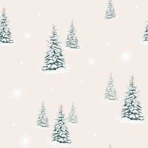 Forest Pine Trees in the Snow on Pale Beige Background