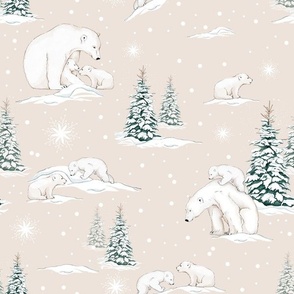 Polar Bears and Cubs in a Wintery Scene on a Beige Background
