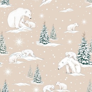 Polar Bears and Cubs in a Wintery Scene on a Caramel Background