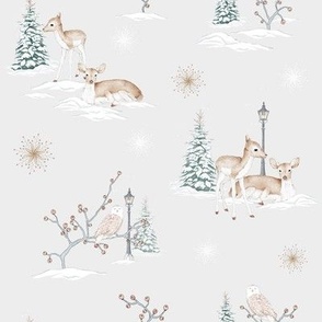 Deers in Winter Cute and Whimsical Design on a Pale Grey Background
