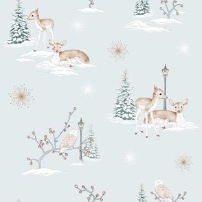 Deers in Winter Cute and Whimsical Design on a Pale Blue Background