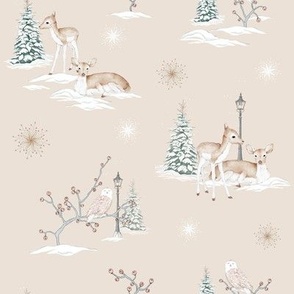 Deers in Winter Cute and Whimsical Design on a Light Caramel Background