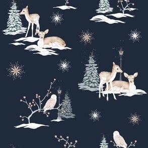Deers in Winter Cute and Whimsical Design on a Navy Blue Background