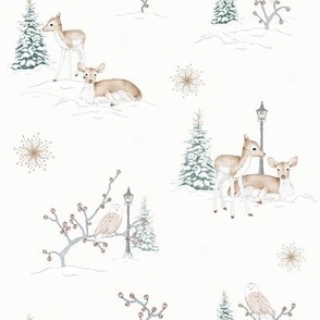 Deers in Winter Cute and Whimsical Design on a Pale Cream Background