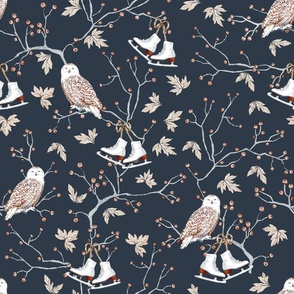 Winter Owls and Berry Branches with Ice Skates Hanging on a Navy BlueBackground. Whimsical design for kids. Unisex pattern.
