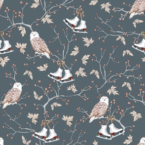 Winter Owls and Berry Branches with Ice Skates Hanging on a Grey Slate  Background. Whimsical design for kids. Unisex pattern.