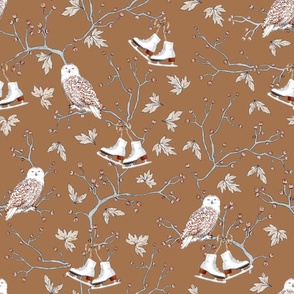 Winter Owls and Berry Branches with Ice Skates Hanging on a Rusty Orange Background. Whimsical design for kids. Unisex pattern.