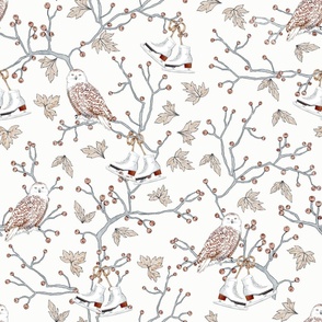 Winter Owls and Berry Branches with Ice Skates Hanging on a Pale Cream Background. Whimsical design for kids. Unisex pattern.