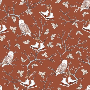 Winter Owls and Berry Branches with Ice Skates Hanging on a Rusty Red Background. Whimsical design for kids. Unisex pattern.