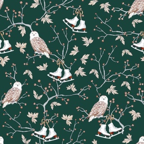 Winter Owls and Berry Branches with Ice Skates Hanging on a Jade Green Background. Whimsical design for kids. Unisex pattern.