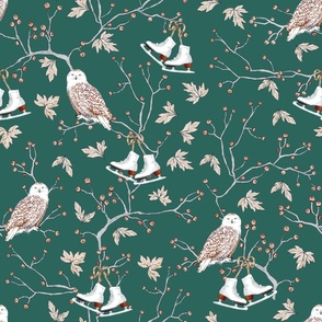 Winter Owls and Berry Branches with Ice Skates Hanging on a Dark Green Background. Whimsical design for kids. Unisex pattern.