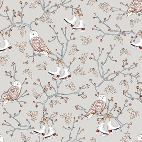 Winter Owls and Berry Branches with Ice Skates Hanging on a Light Grey Background. Whimsical design for kids. Unisex pattern.