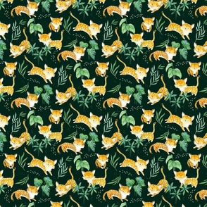 Hand Drawn Watercolor Baby Tigers with Tropical Leaves in Dark Green - Small Scale - ©Lucinda Wei