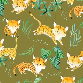 Hand Drawn Watercolor Baby Tigers with Tropical Leaves in Brown - Large Scale - ©Lucinda Wei