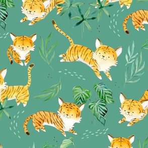 Hand Drawn Watercolor Baby Tigers with Tropical Leaves in Green - Large Scale - ©Lucinda Wei