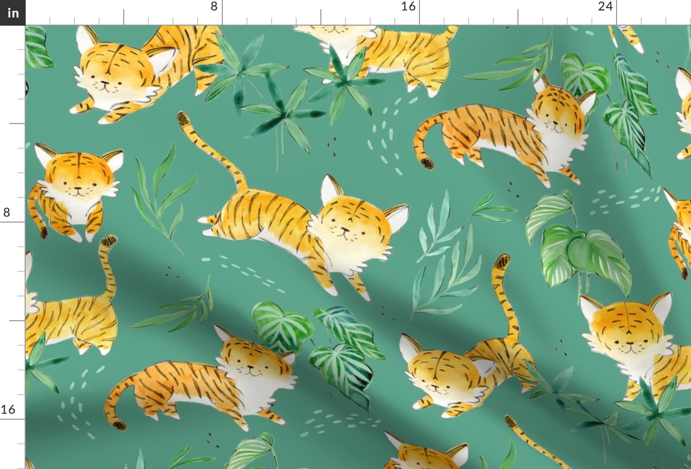 Hand Drawn Watercolor Baby Tigers with Tropical Leaves in Green - Large Scale - ©Lucinda Wei