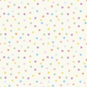 Ditsy pastel hearts on cream, pink, purple, blue, green, yellow, home decor, kids, childrens wear fabric 8x8" wallpaper 24x24"