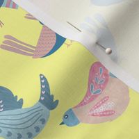 Cute folk birds on lemon, yellow, kids, home decor, cute fabric 4x4" wallpaper 12x12"