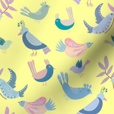 Cute folk birds on lemon, yellow, kids, home decor, cute fabric 4x4" wallpaper 12x12"